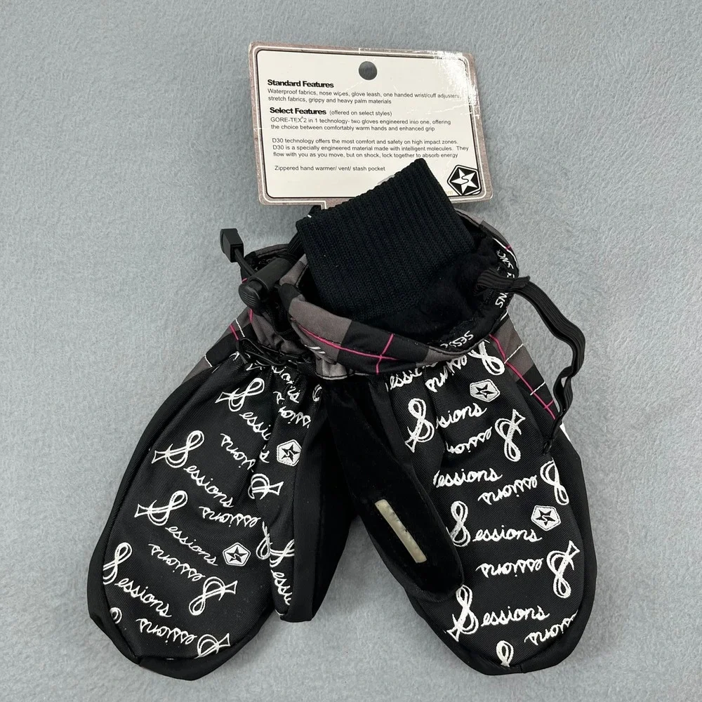 Sessions Riley Avery Plaid Mittens Gloves Womens L Grey Waterproof Ski Snowboard